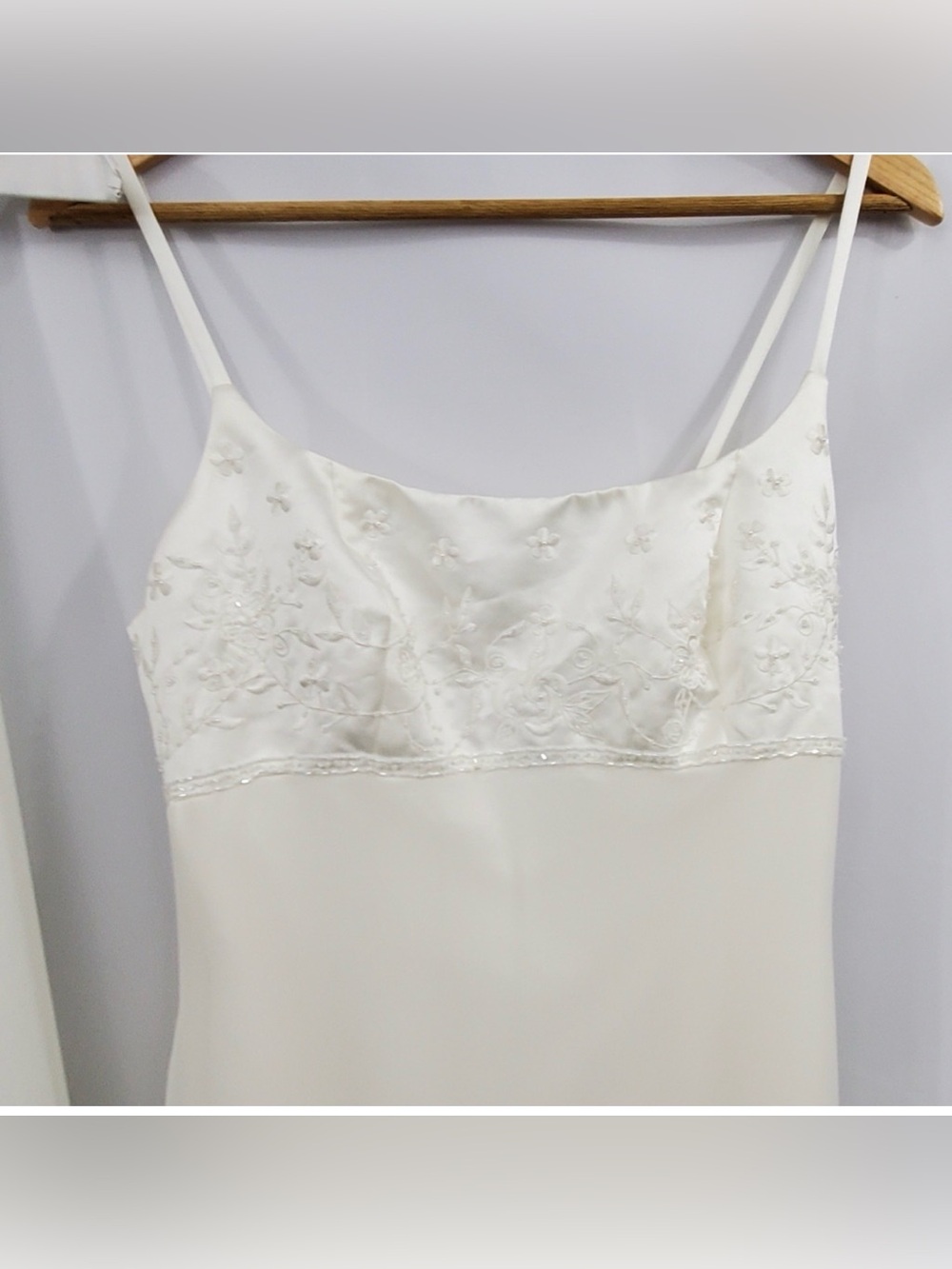 Vintage Off White Satin Wedding Dress Spaghetti Straps Beaded Size M - Picture 3 of 11